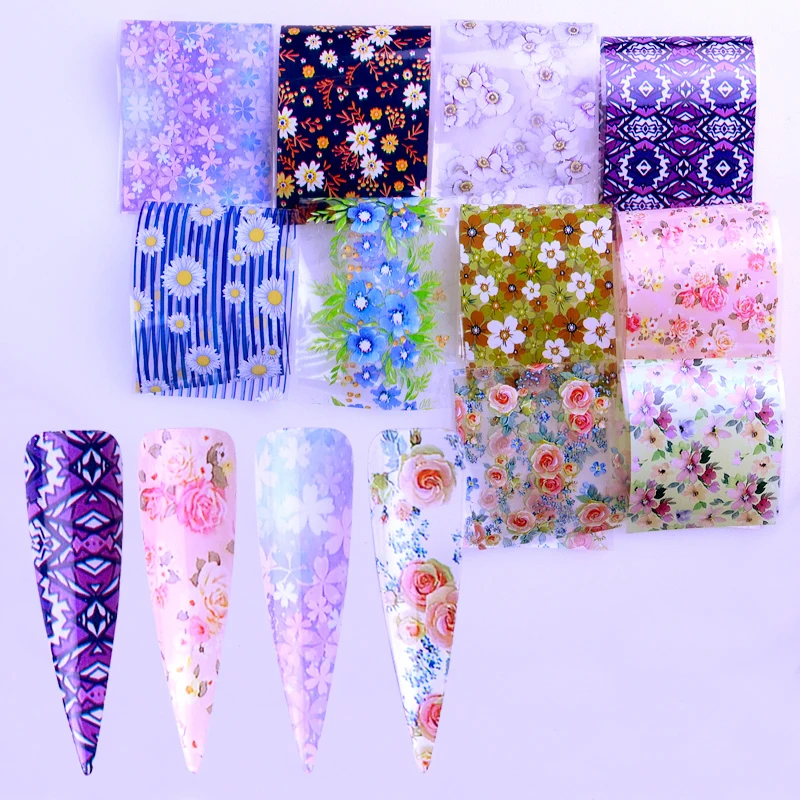

10 Designs Sets Laser Nail Foils Gradient Starry Paper Flower Lace Sticker Manicure Adhesive Wraps Nail DIY Polish Decor