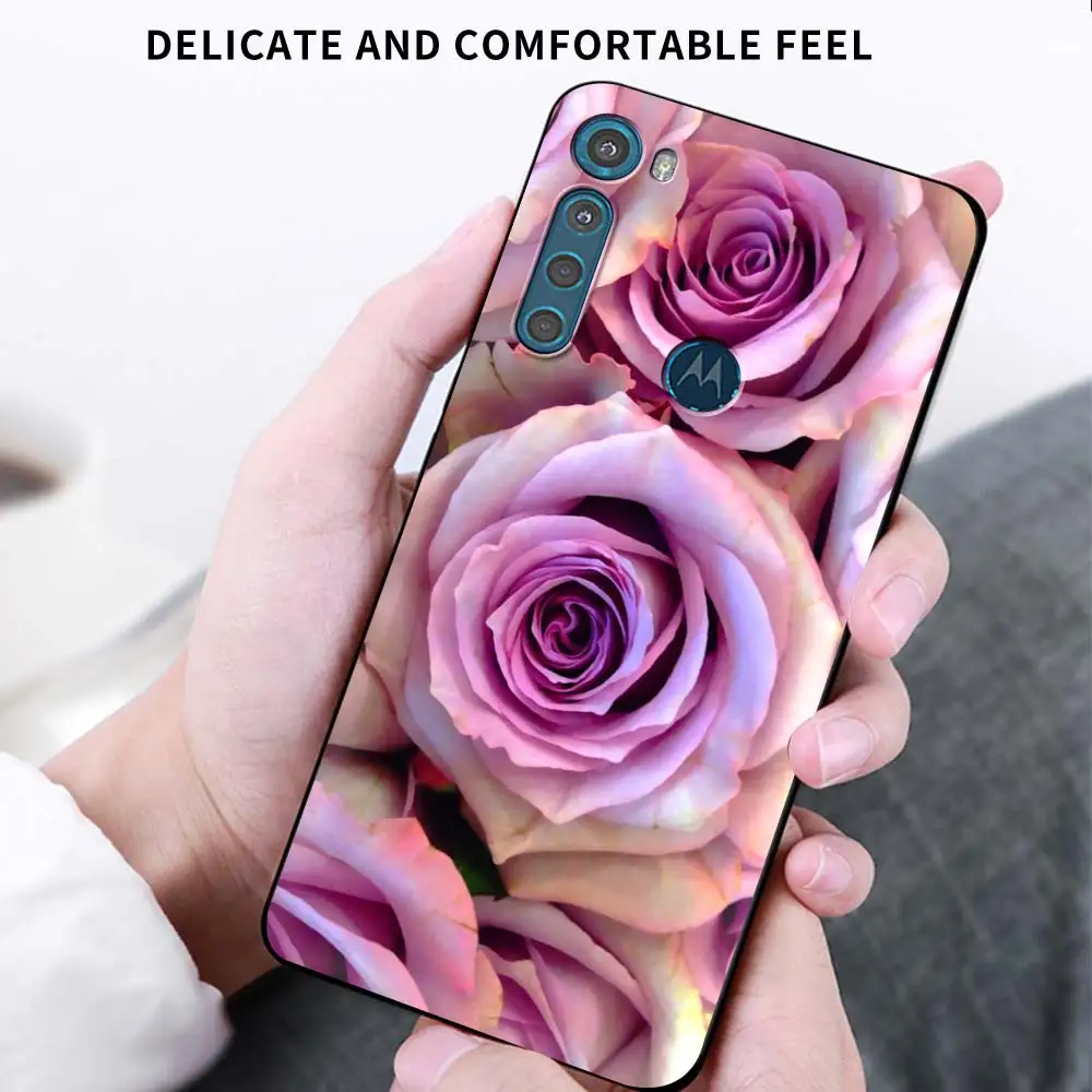 

Phone Case For Motorola One Fusion G9 Play G8 Power Edge Plus E6s G Stylus Black Soft Mobile Cover Luxury Red Rose