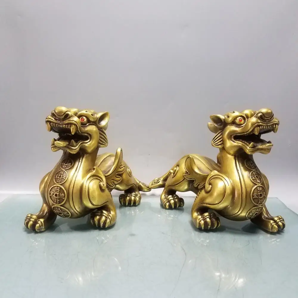 

wedding decoration Lucky China Seikos red bronze Dragon Wing Mythology Statue Pair of carved statues of gods and beasts Town