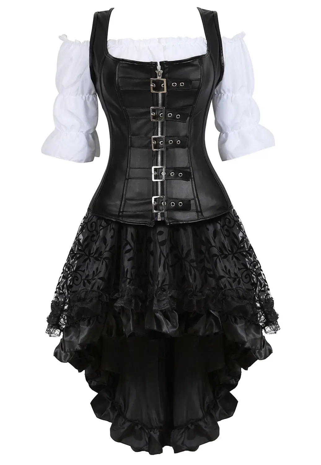 Corset Dress Skirt 3 Piece Leather Corset Steampunk Pirate Lingerie Bustiers Corsetto Irregular Burlesque Plus Size Black