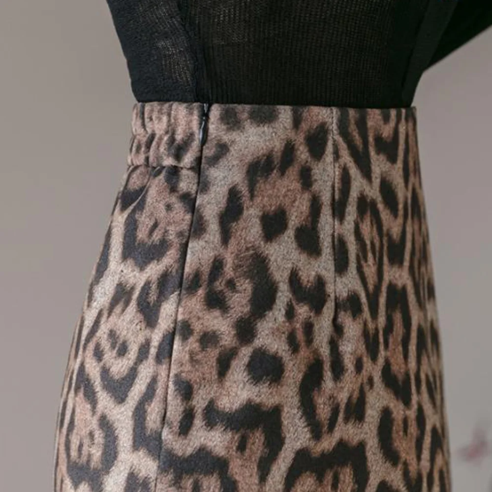 

Women's Plus Size Wool Maxi Skirts Female Autumn Vintage Leopard Print Midi Skirt Split Slim Sexy Lady Elegant Woolen Skirts
