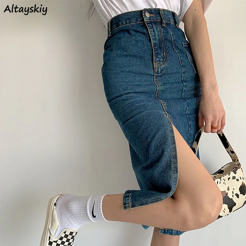 

Skirts Women Split Denim Summer New Slim All-match Knee-length Button Streetwear Soft Empire Trendy College Quality Mujer Faldas