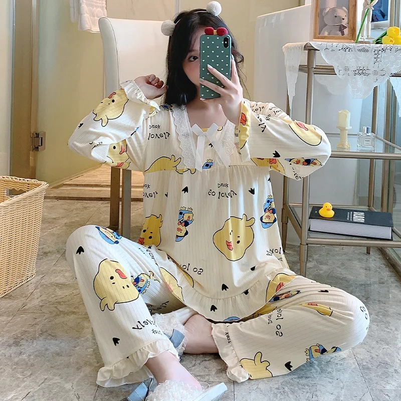 Long Sleeve Pajamas Autumn Trousers Suit Printing Cartoon Animal Fashion Pyjama Set Large Size Nightwear Home Service