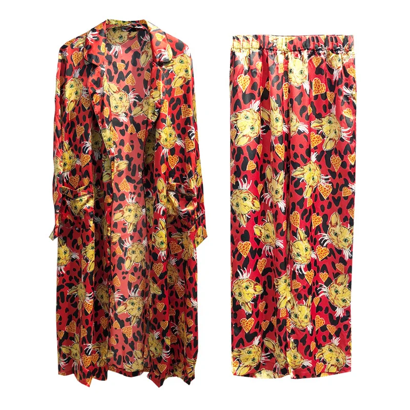 В стиле ретро с принтом кота пижамы женские комплекты 2 предмета халаты + штаны