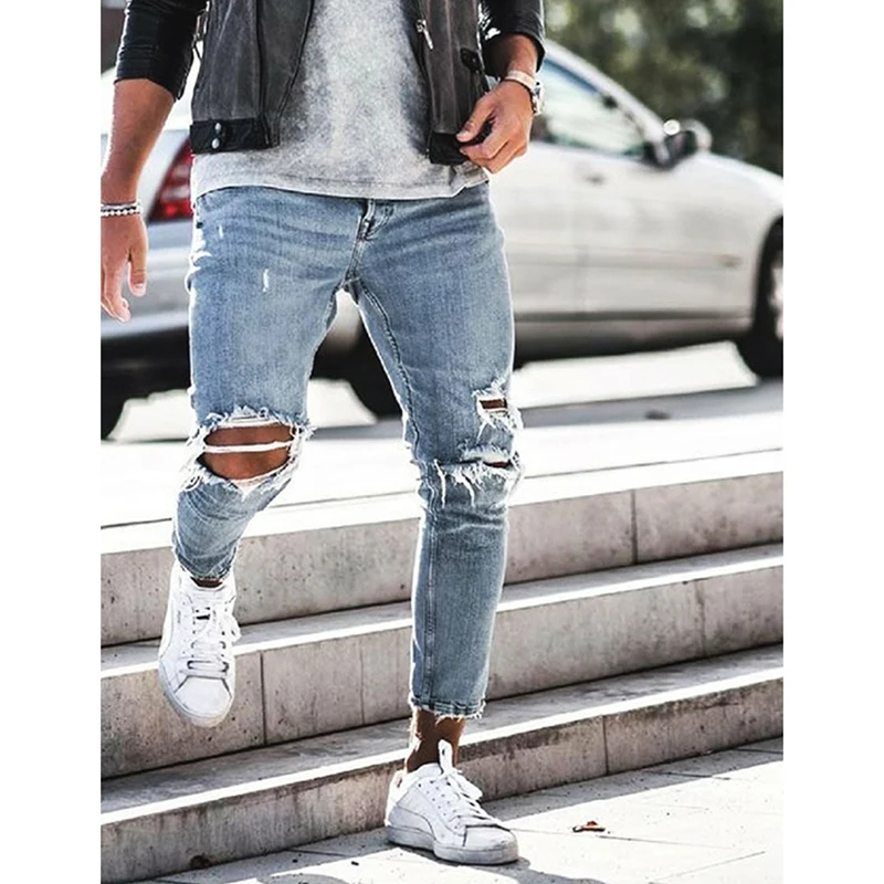 Новые обтягивающие мужские джинсы Уличная рваные Homme Hip Hop Broken modis узкие