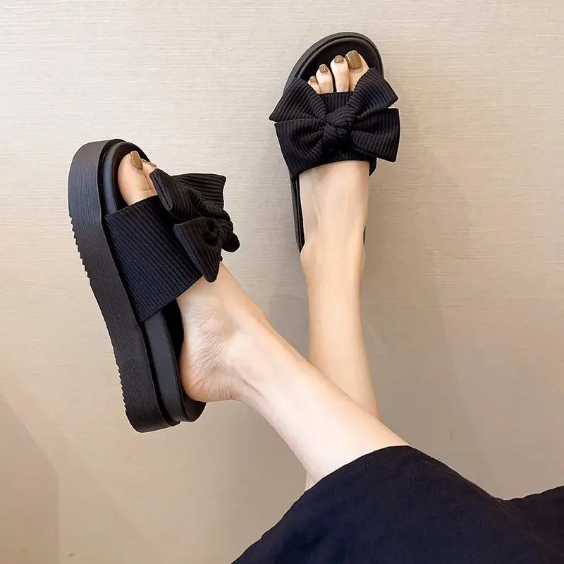 

Slippers Casual Shoes Woman 2021 Shale Female Beach Butterfly-Knot Platform Pantofle Med Luxury Sabot New Summer Flat Slides But