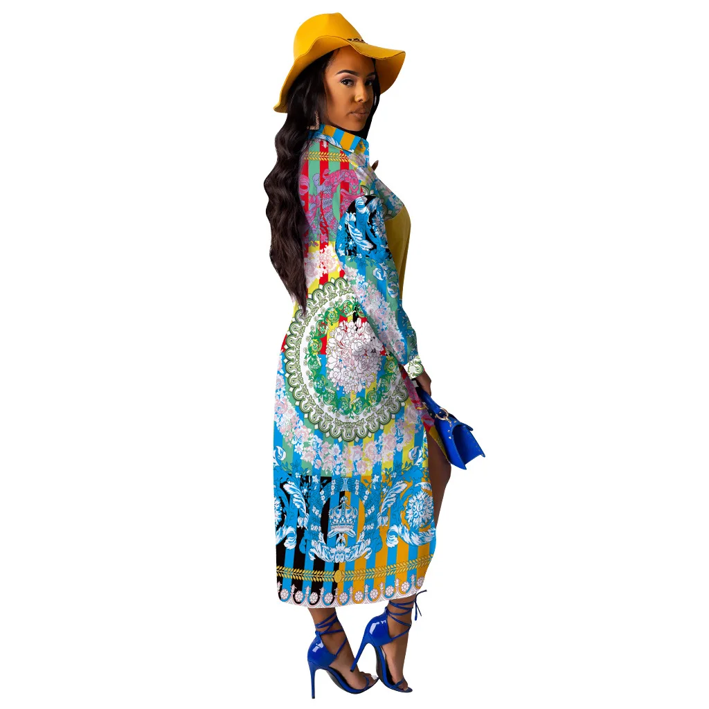 

Multicolor Print Irregular Patchwork Dress Long Sleeve Turn-down Collar Casual Dress Summer Vacation Women Robe Outfits Vestidos