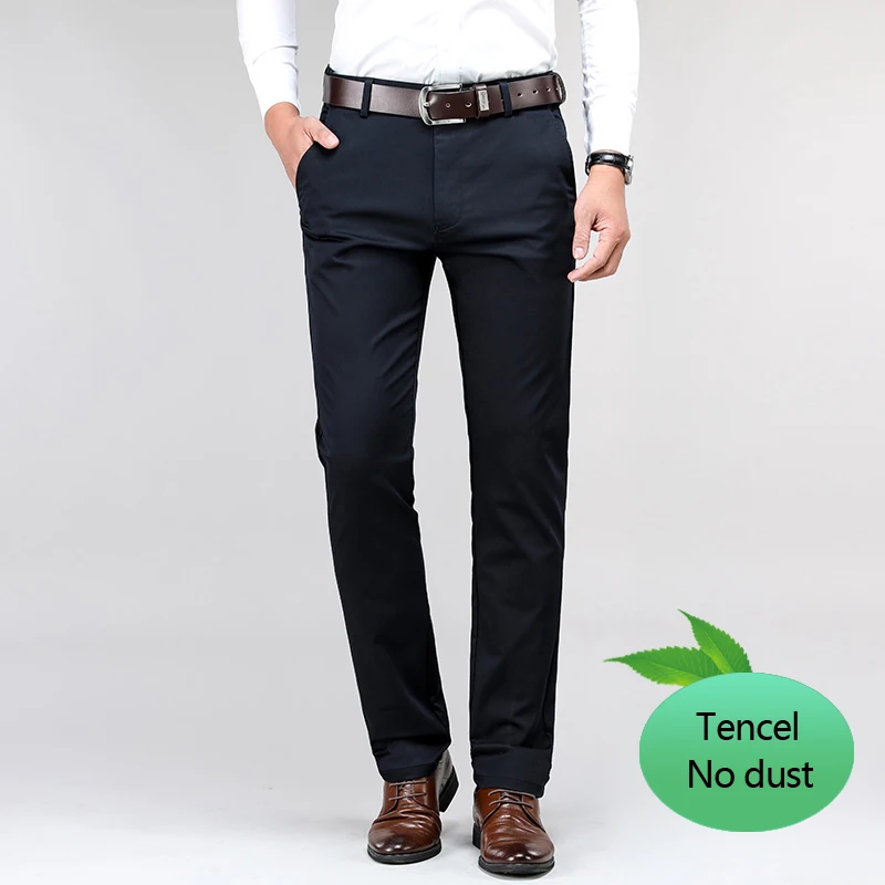 Plus Size 40 42 44 Men's Tencel Casual Pants Not Ash High Quality Fashion Business Straight Elastic Trousers Male Brand Clothes - Цвет: Dark Blue
