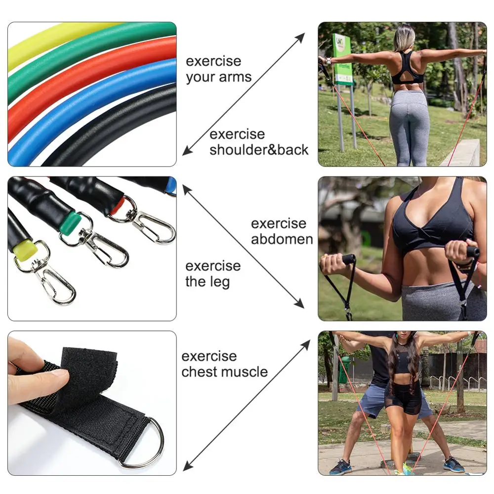 

11pcs/set Latex Elastic Resistance Bands Sets Fitness Sports Yoga Workout Gym Exercise Pull Rope Exercise Training Equipment