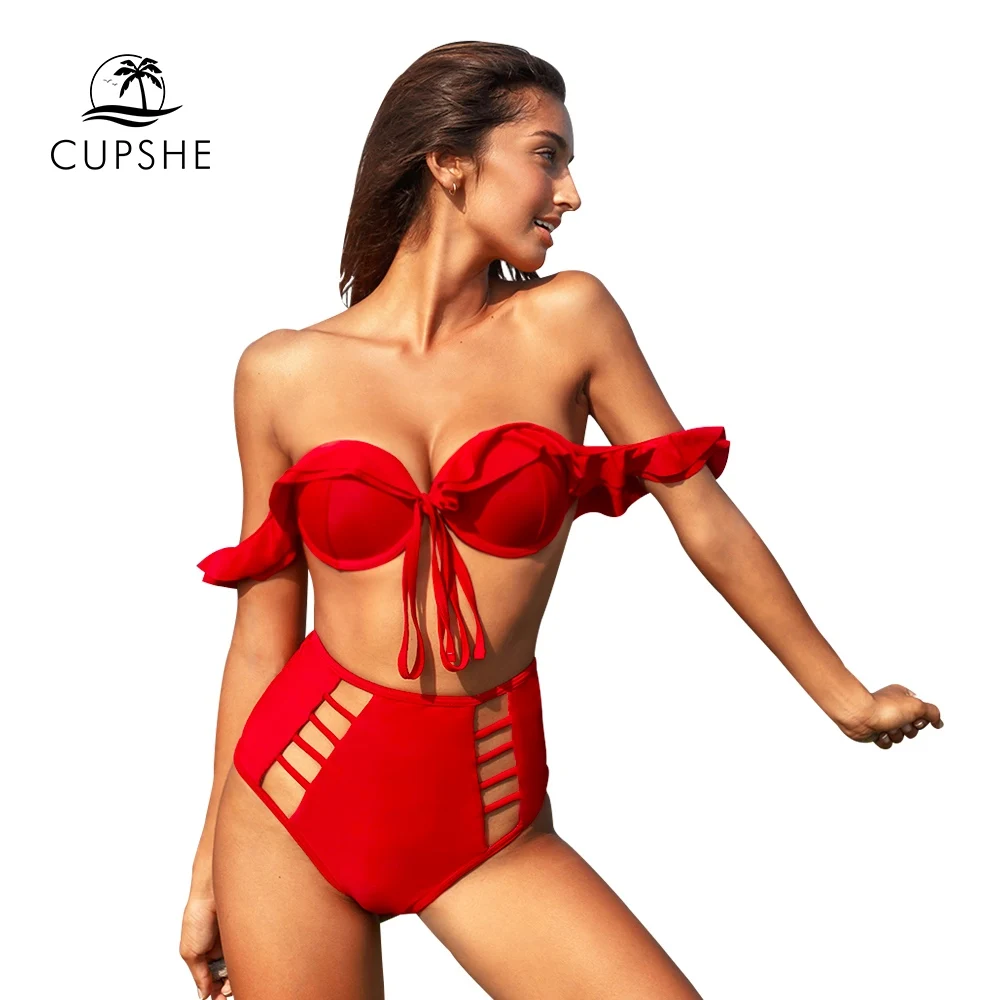 Женский купальник бикини CUPSHE однотонный красный с высокой талией и оборками