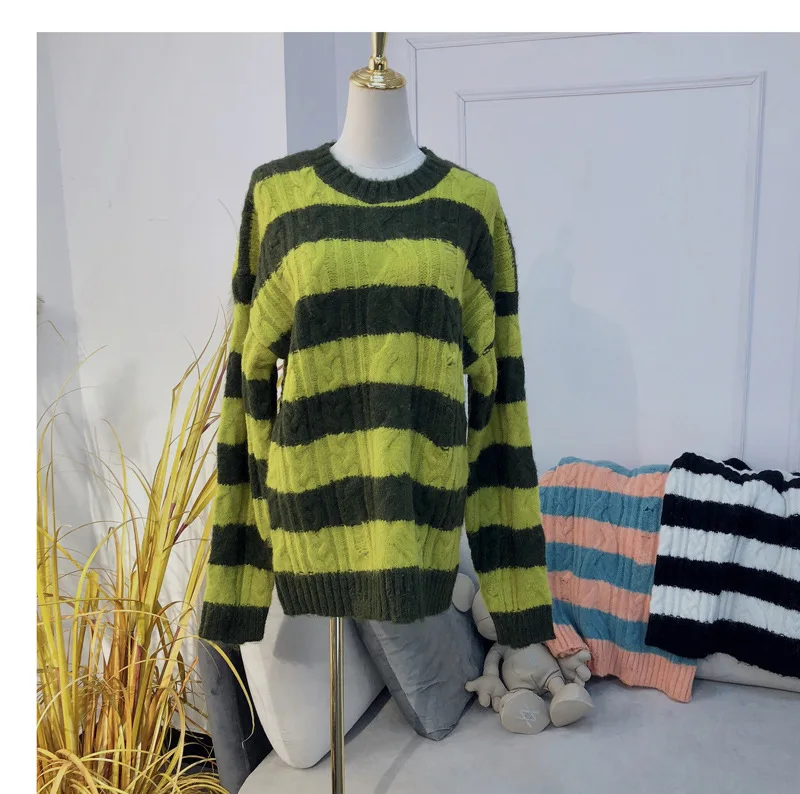 

Women and Men Hole Stripes Sweater New 2021 Autumn Winter Loose Casual Unisex O-Neck Long Sleeve Jumper Knitwear Pullover Top
