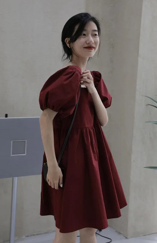 

Girl Elegant Dress Bubble Sleeve Women's Summer New Style Square Neck Loose Temperament Short Slim Harajuku Vintage Mini Dress