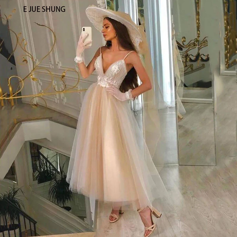 

E JUE SHUNG Champagne Tulle Tea Length Boho Wedding Dresses V-neck Spaghetti Straps Cheap Beach Summer Bridal Wedding Gowns