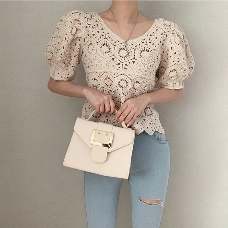 

Elegant White Laser Cut Lantern Sleeve Fitted Top Scoop Neck Blouse Women Summer Short sleeve Solid Workwear Blouses