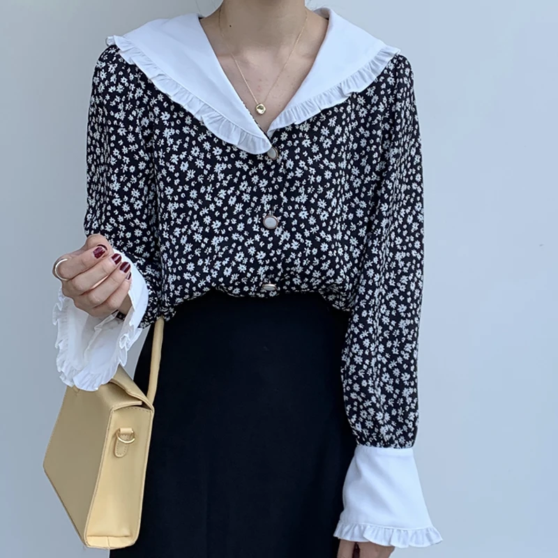 Женская винтажная рубашка с расклешенным рукавом однобортная Элегантная блузка