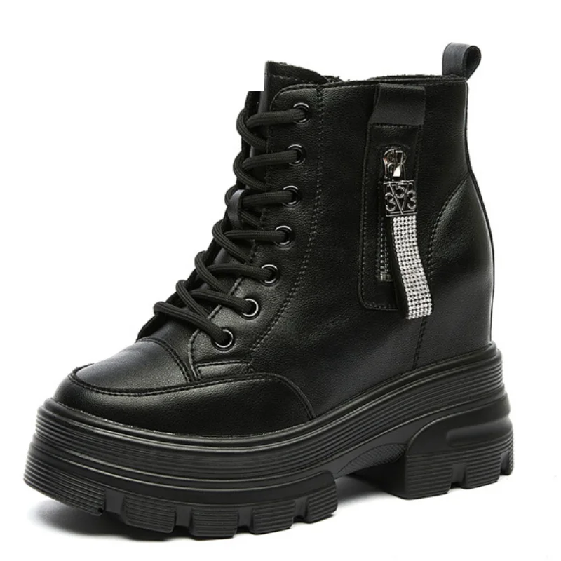 

9.5cm Genuine Leather Platform Wedge Women Shoes Sneakers Hidden Heel Increased Zipper Women Ankle Boots Fashion Booties