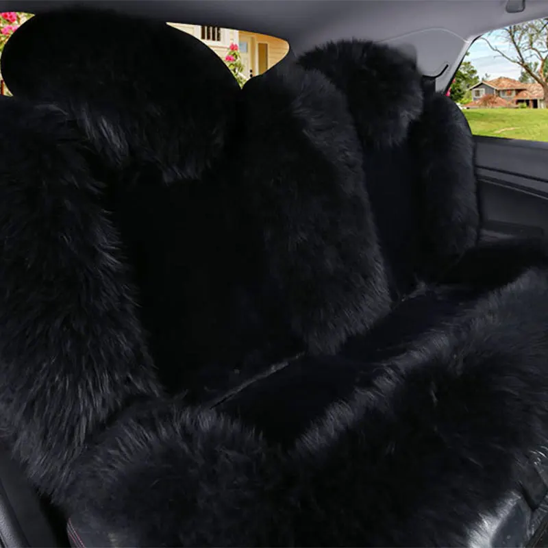 1pc Rear Black Чехол для автомобильного сиденья, Длинная шерстяная зимняя универсальная подушка для переднего сиденья из овчины, натуральные Чехлы для автомобиля, аксессуары для салона автомобиля - Название цвета: 1pc Rear Black