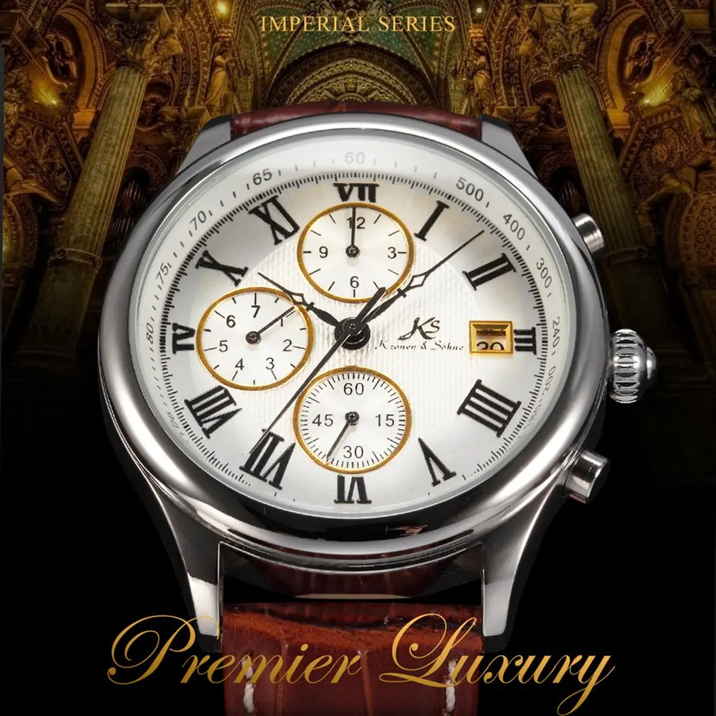 IMPERIAL KS Retro Skeleton 6 Hands Golden Case Luxury Brand Day Month Display Brown Leather Strap Men's Mechanical Watch / KS146