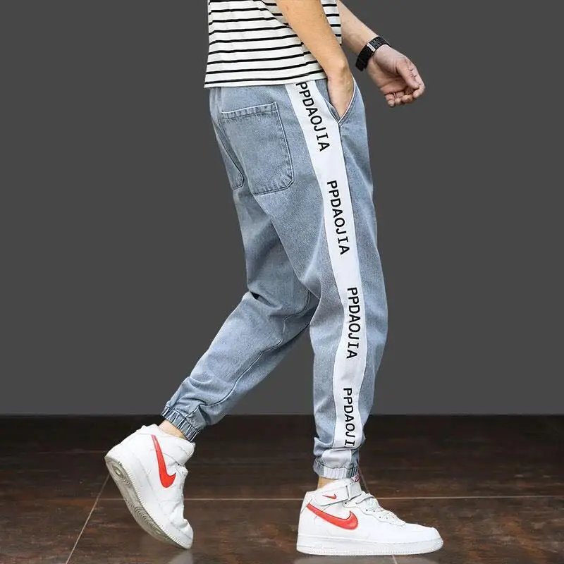 

Mens Jeans Blue Black Cargo Pants Loose Harlan Capri Ankle Banded Pants Casual Hip Hop Stretch Jeans Joggers Vintage Clothing