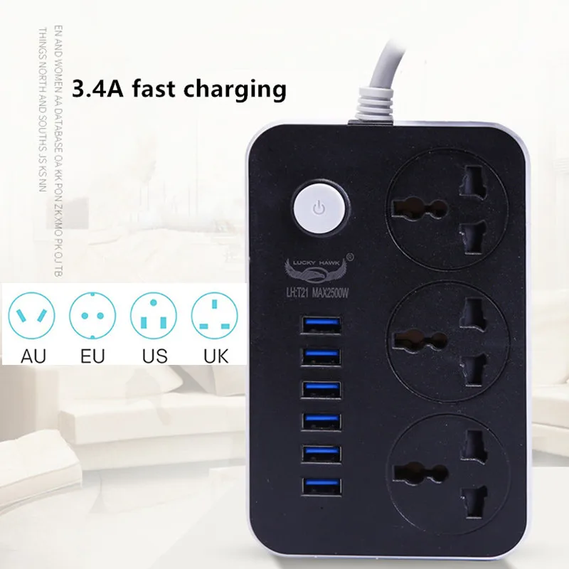 EU Plug Power Strip 3.4A Fast Charging 6 USB Extension Socket Switch Universal Outlets 3 Adapter Network filter for Phones | Обустройство