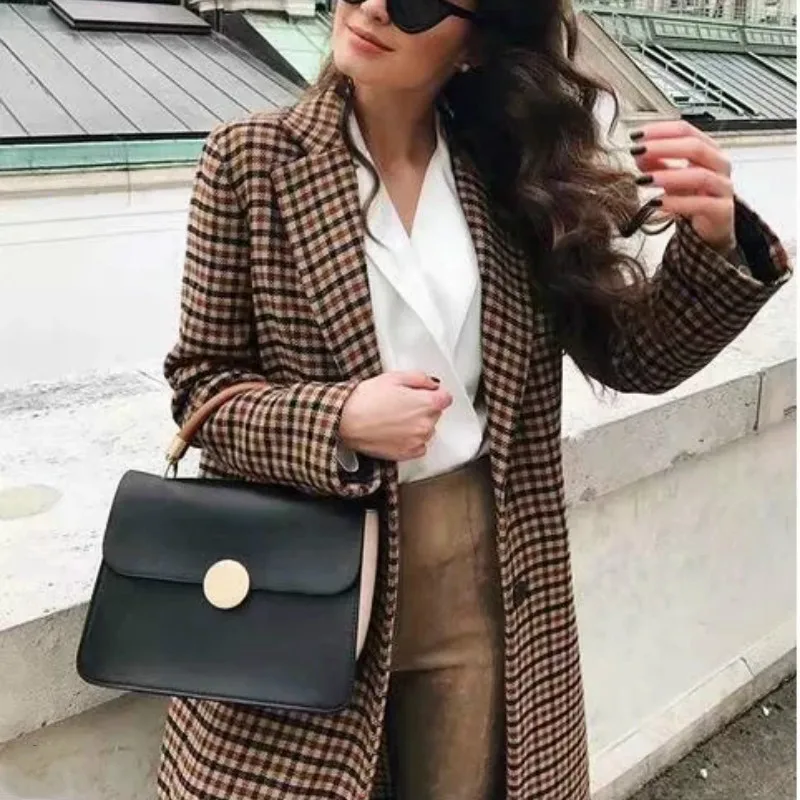 Пиджак женский в клетку с отложным воротником приталенный пиджак стиле ретро