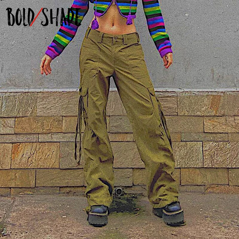 

Bold Shade Grunge Fashion Streetwear Cargo Pants Low Waist Solid Indie Urban Style Women Trousers Y2K Vintage Straight Pants New