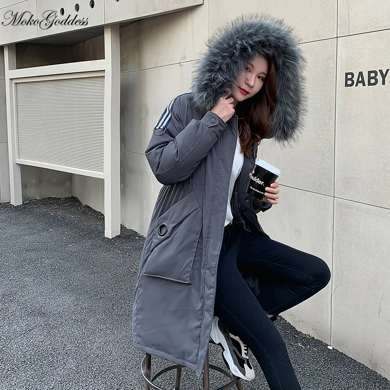 Модная Длинная зимняя куртка mokoбогини Женская Полосатая парка с большим