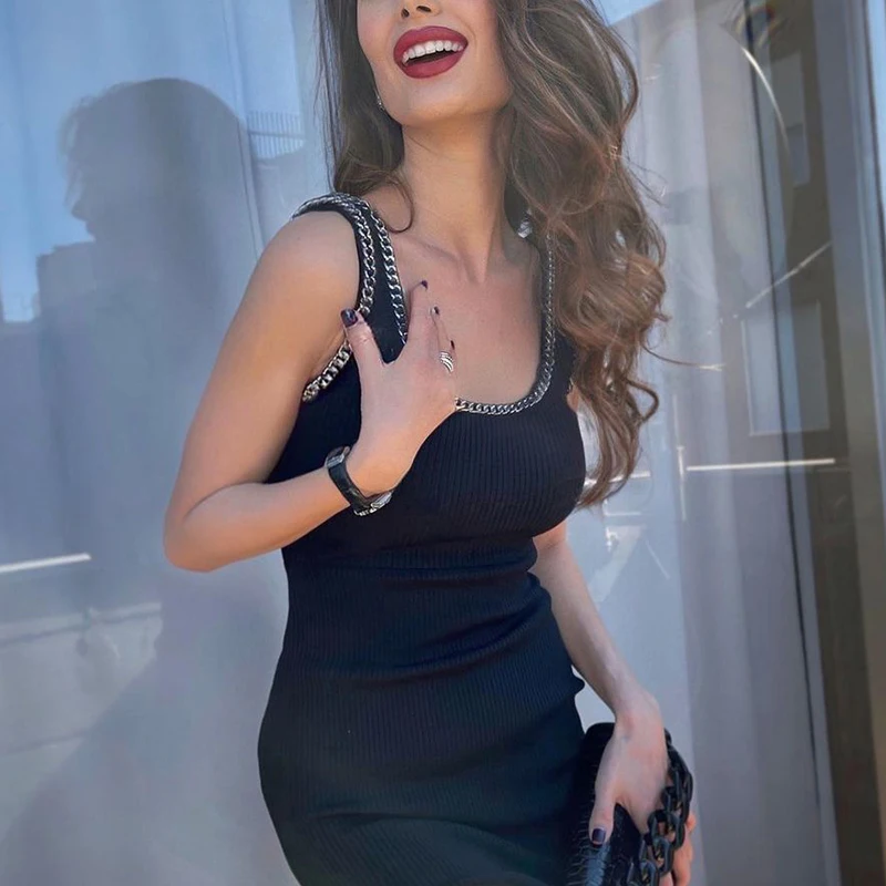 

Bevenccel Fashion Sleeveless Bodycon Bandage Dress Women Summer 2021 Chains Patchwork Elegant Celebrity Evening Party Dress