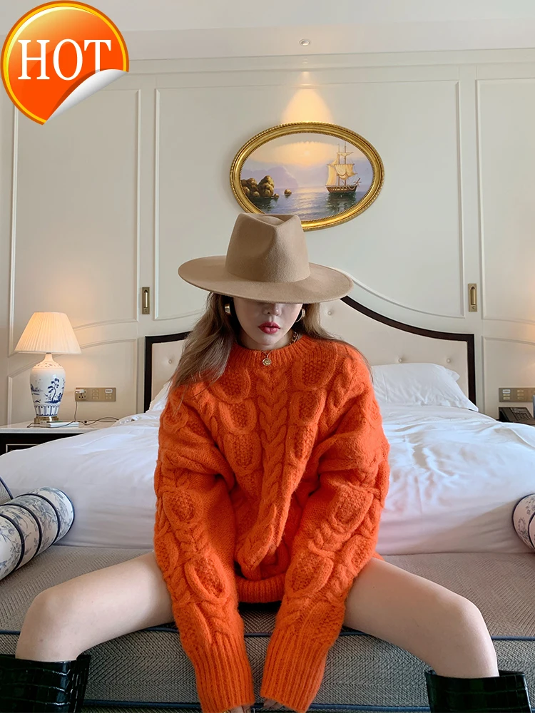 

Пуловер с длинным рукавом и оттенком персика, свободный плотный водостойкий каштановый свитер