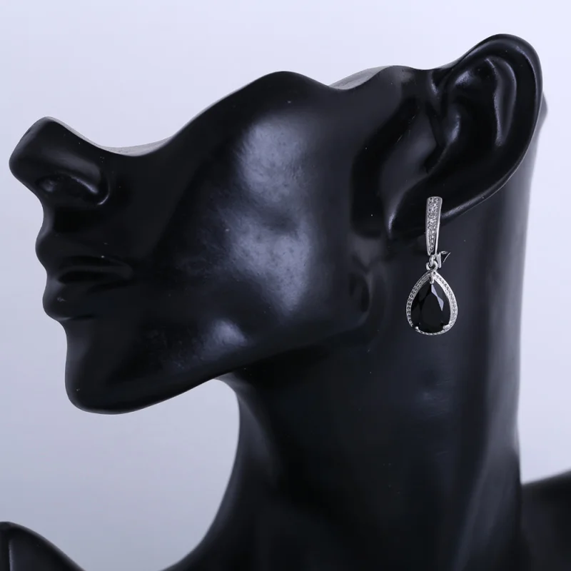 

ROLILASON Weeding Gift For Women Black Cubic Zircon Water Drop Design Silver Earrings Necklace Rings Jewelry Sets JS743