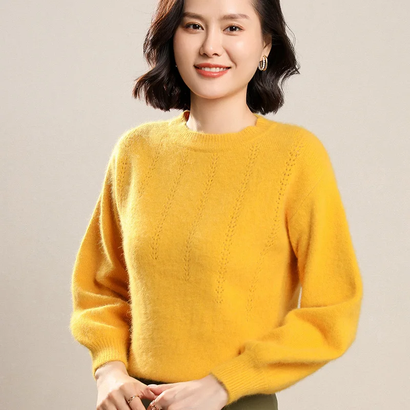 Женский свитер из норковой шерсти пуловер с круглым вырезом свободные рукавами в