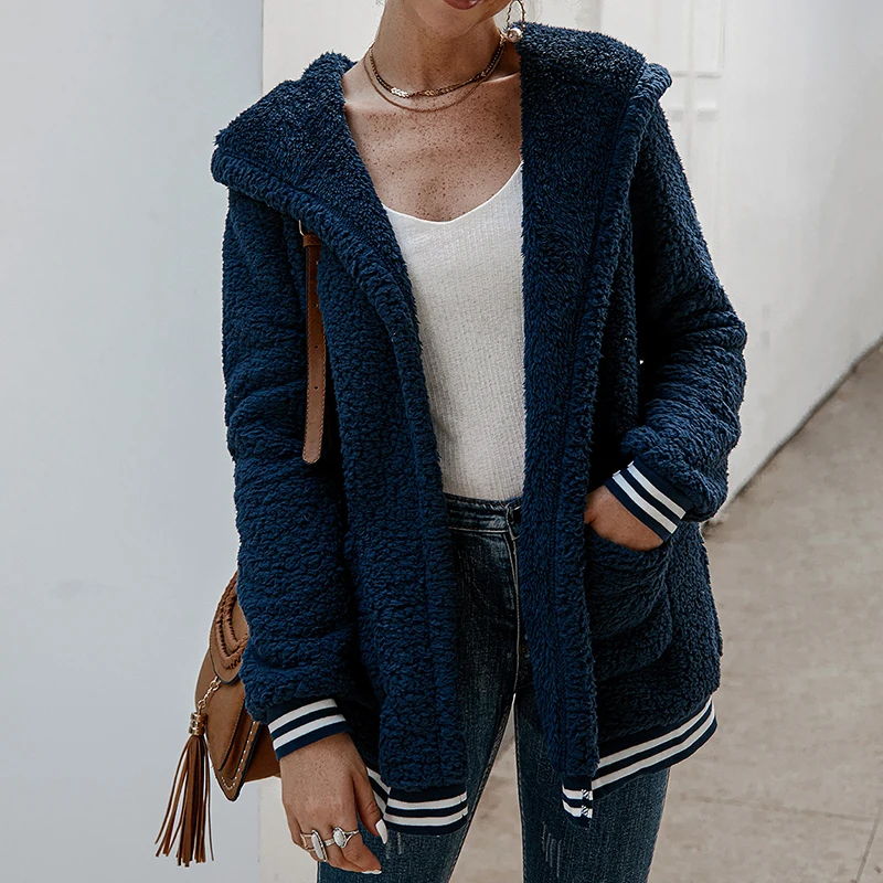 Navy Blue Уличная толстовка с капюшоном куртки женские длинные смеси плюшевого меха осеннее пальто открытая стежка тонкий женский флисовый кардиган Карманы - Color: Navy Blue