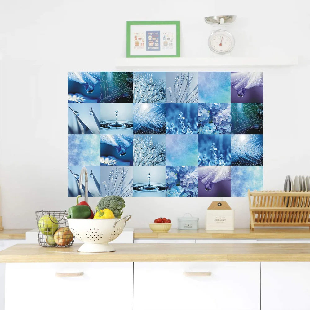 

Наклейки в виде плитки с пейзажем, синими цветами для ванной комнаты, декоративные водонепроницаемые наклейки для пола, обои для спальни, ку...