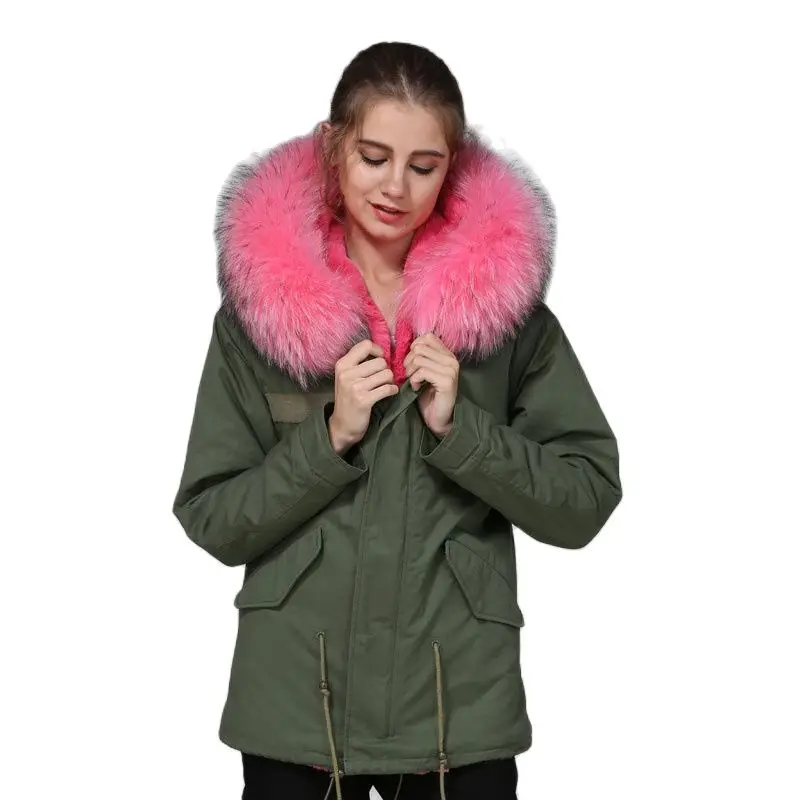 Mhnkro New Arrival Peach Pink Soft Raccoon Fur Collar Ladies Winter Casual Short Length Luxury Fur Parka With Hoodies