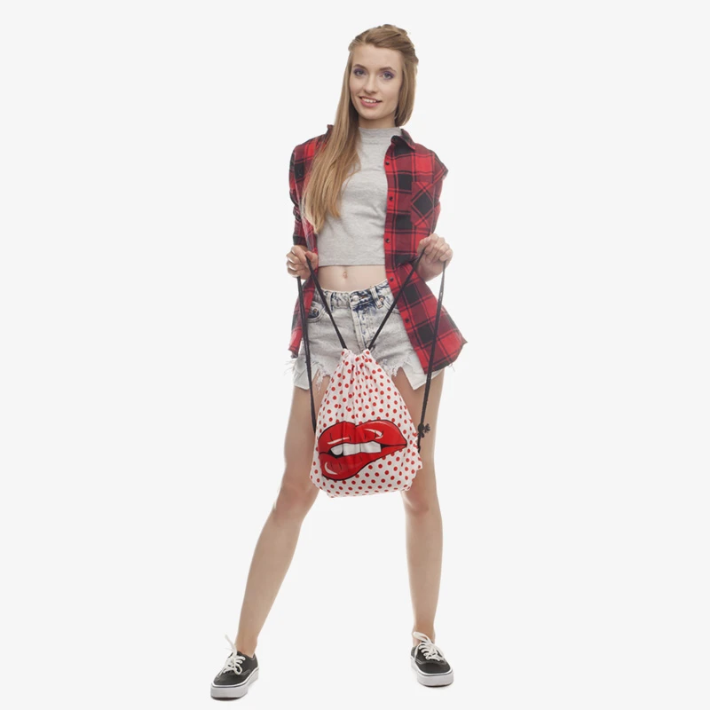 Новый 3D мешок с кулиской принтом в горошек и красных губ модные Mochila Cuerda Harajuku