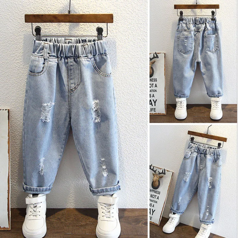 

LucaLucky 2021 Spring Broken Hole Jeans Pants Toddler Boys Blue Straight Denim Trousers Kids Clothing Children Jean Pant 2-11Y