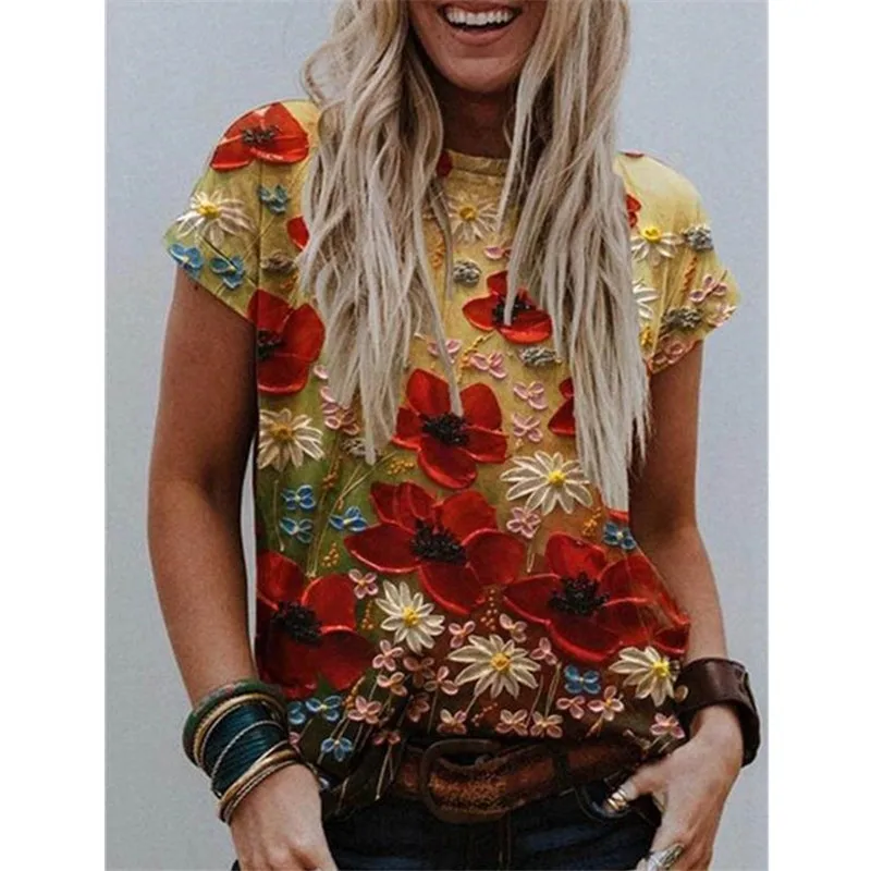 

2021 Summer 3D Print Flower T-shirt Women Casual O-Neck Short Sleeve Tops Fashion Abstract Ladies Street Plus Size Tshirts Girls