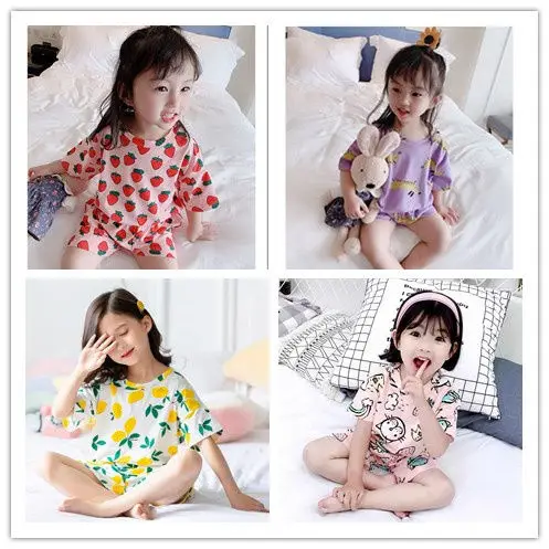 2 to 10 Years 2021 New Summer Girls Kids Pajamas Set Short Sleeves Sleepwear For Toddler Cotton Pyjamas Clothes | Мать и ребенок