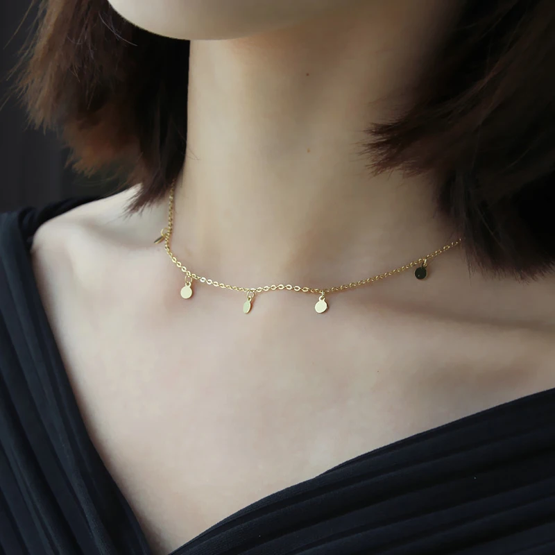 Choker-Gold Серебро 925 пробы золотого цвета глянцевое мини-дисковое ожерелье ключицы маленький диск чокер короткое ожерелье орнамент дизайн короткая цепь - Окраска металла: Choker-Gold