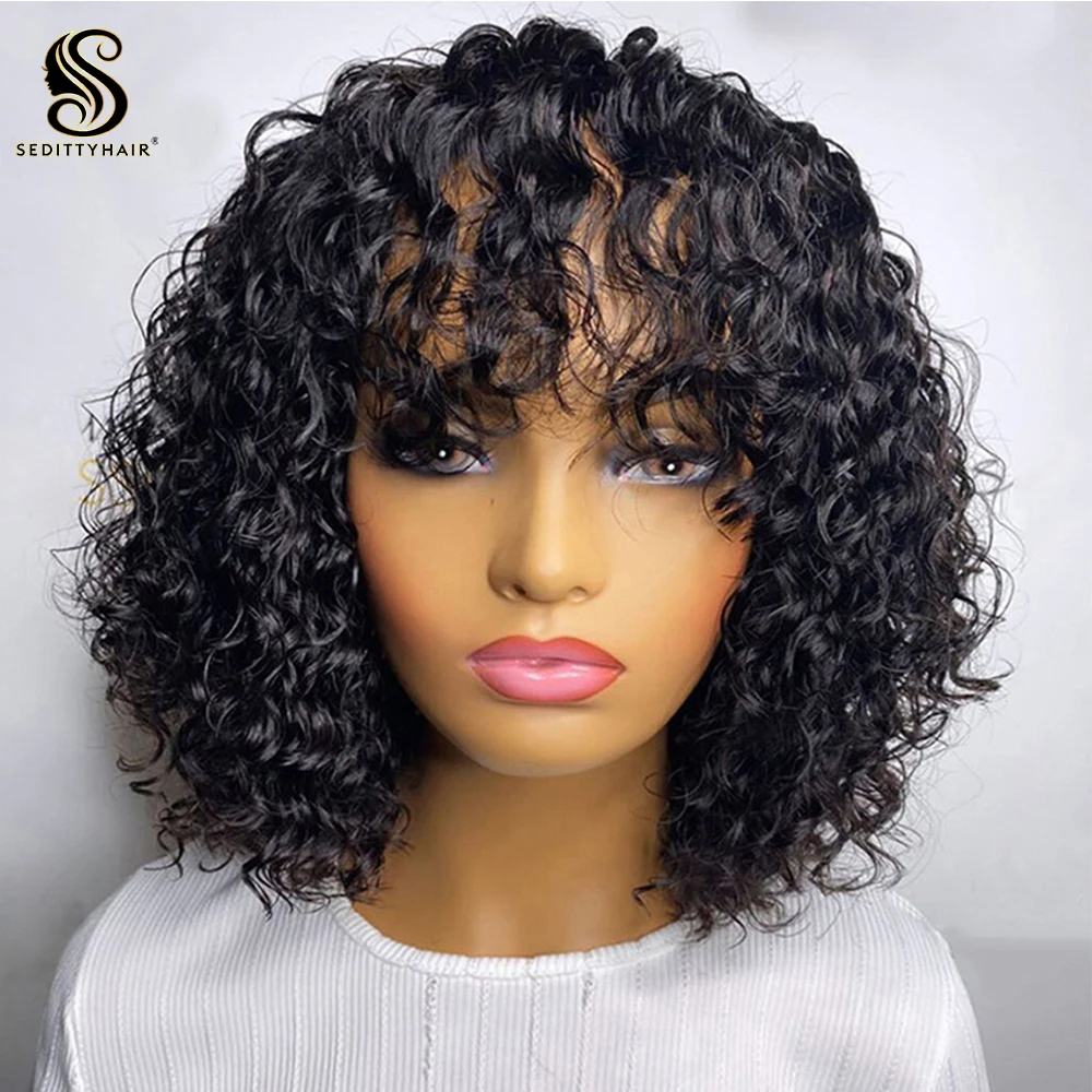 Sedittyhair  Cheap Short Deep Wave Human Hair With Bangs  For Women Curly Pixie Cut Glueless Bob Natural Color Wig Preplucked