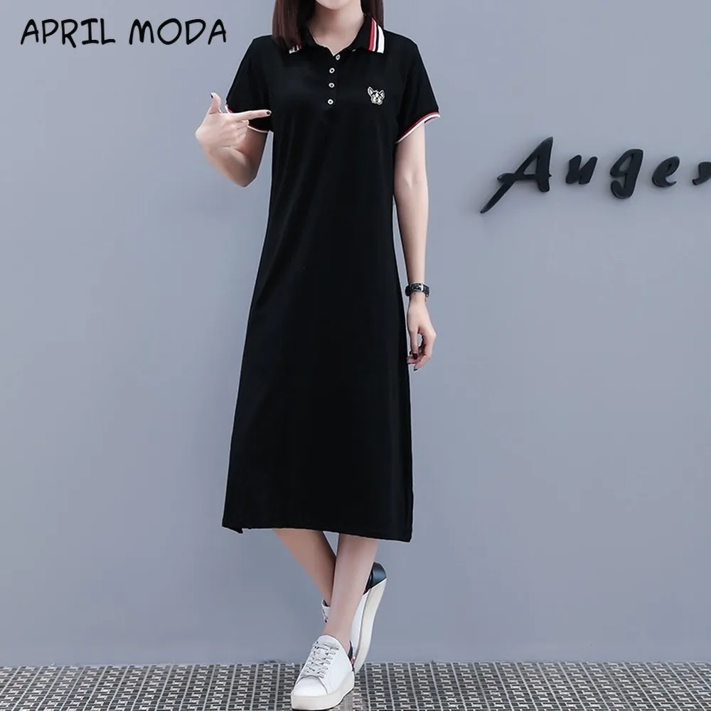 Женское летнее платье поло маленькое черное с цветочной вышивкой ромашки