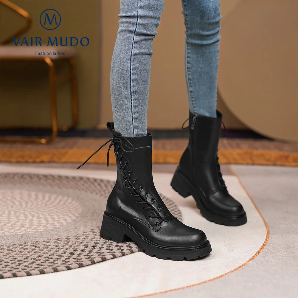 spesifikasi VAIR MUDO Sepatu Bot Wanita Pergelangan Kaki Tebal Ujung Bulat Berenda Hitam Putih Elegan Sepatu Bot Modis Wanita Musim Gugur Musim Dingin WM-X128-C