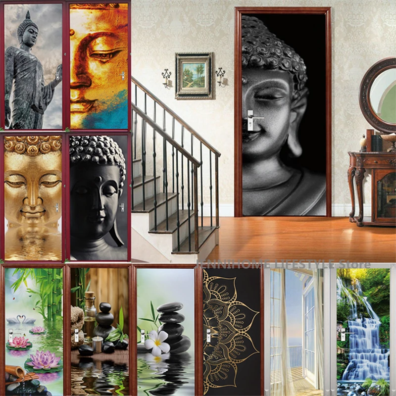 

Buddha Door Stickers 3D Removable Vinilos Para Puertas Adhesive Wallpaper Art Murals for Doors Landscape Modern PVC Home Decor