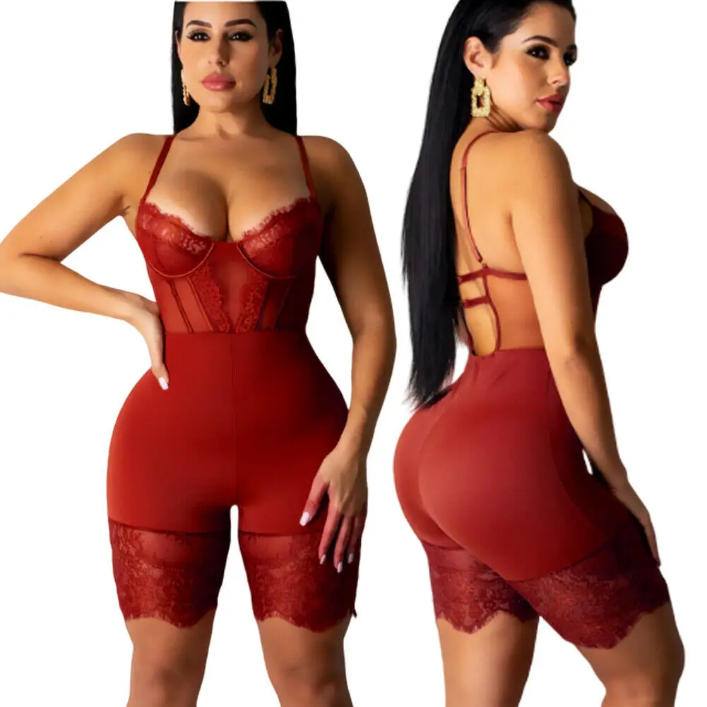 

Lace Mesh Jumpsuit Women Bodycon Strappy Playsuit Ladies Summer Sleeveless High Waist Romper