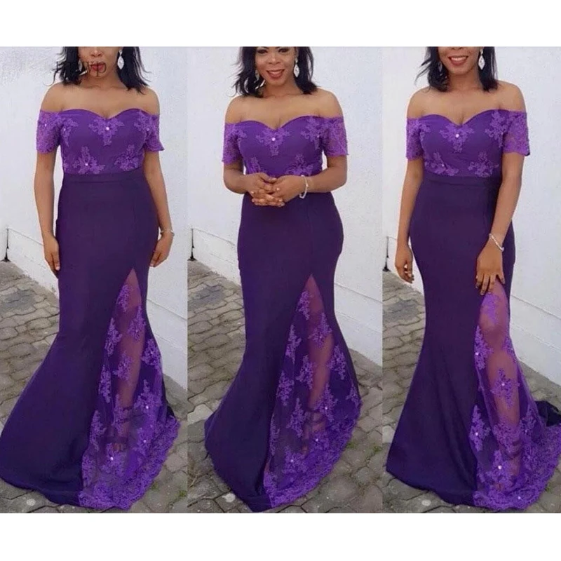 Фиолетовые кружевные длинные платья для выпускного вечера 2020 с открытыми
