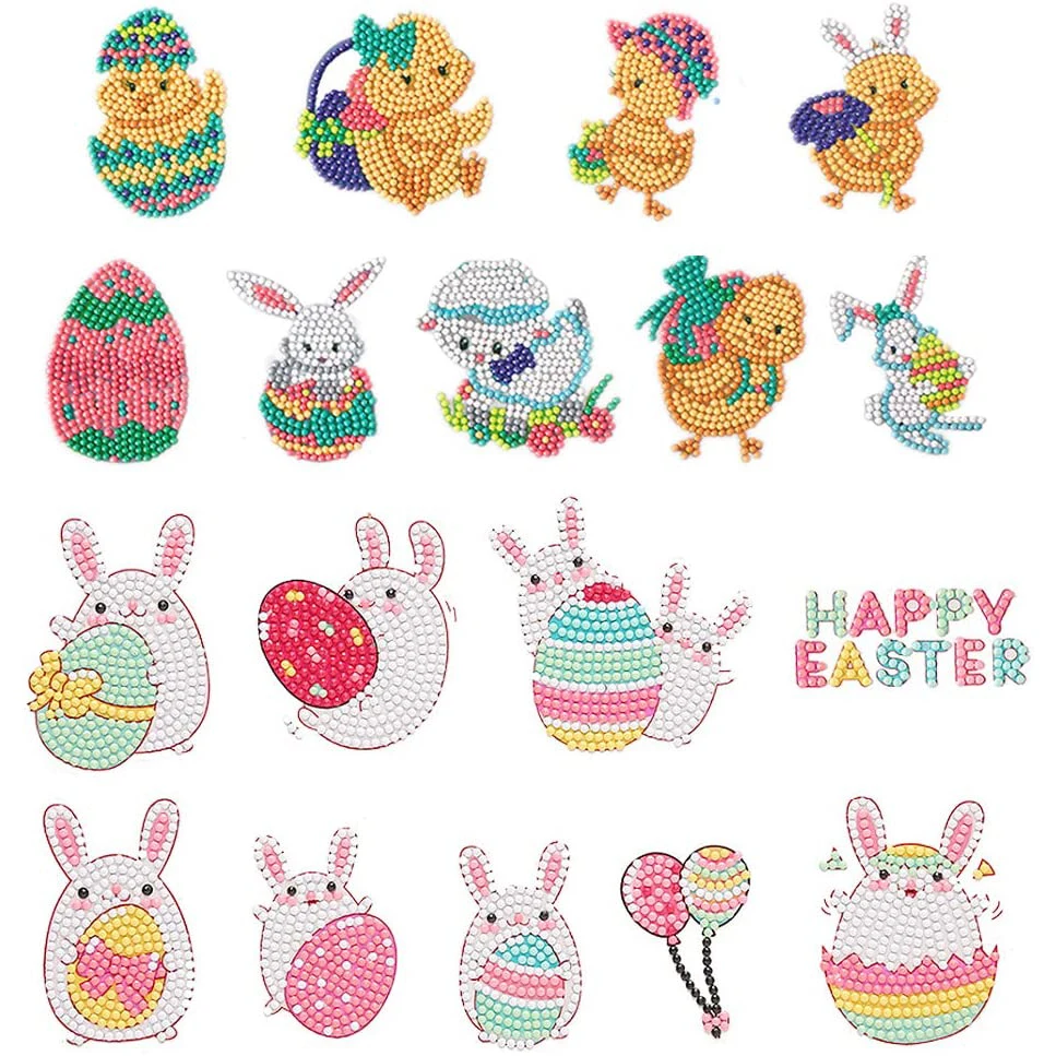 

Cute Easter Theme DIY Diamond Painting Stickers Kits Rabbit with Egg and Chicken Digital Diamond Paint Cartoon Diamond Stickers