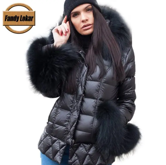 FLDJ13black black Fandy lokar, утиный пух, куртки, женские, зимние, теплые, настоящий, большой мех енота, с капюшоном, пальто, женское, настоящий мех кролика, пуховик - Цвет: FLDJ13black black