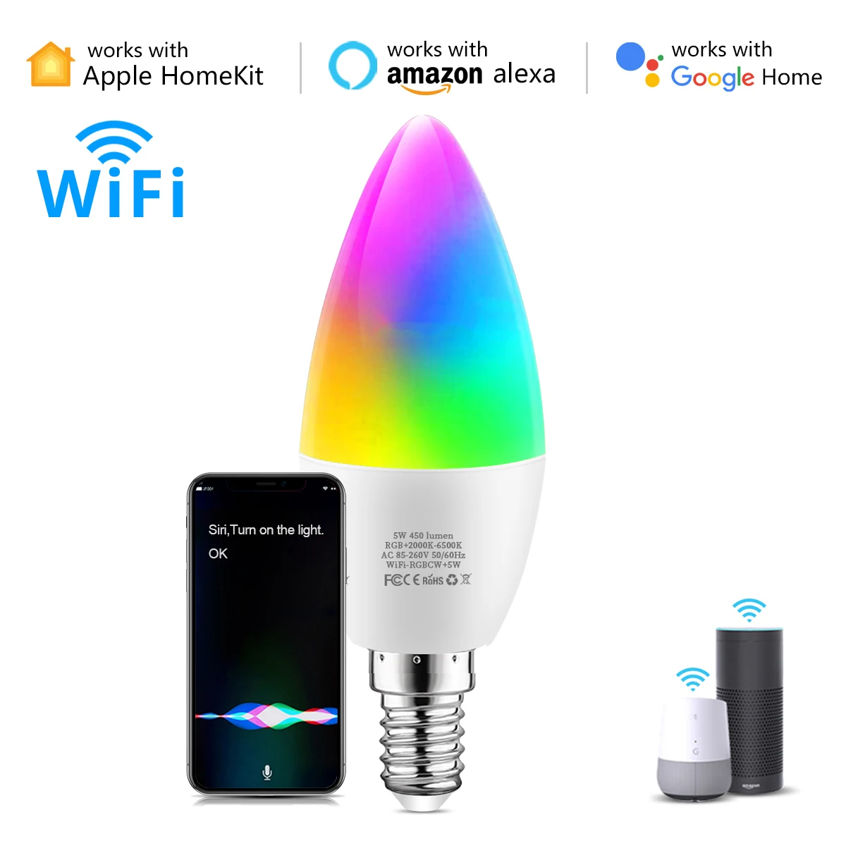 

Светодиодные лампы-свечи Apple Smart с Wi-Fi, 5 Вт, E14, RGBCW, лампы с голосовым управлением и таймером, совместимые с Siri Homekit, Alexa, Google Home
