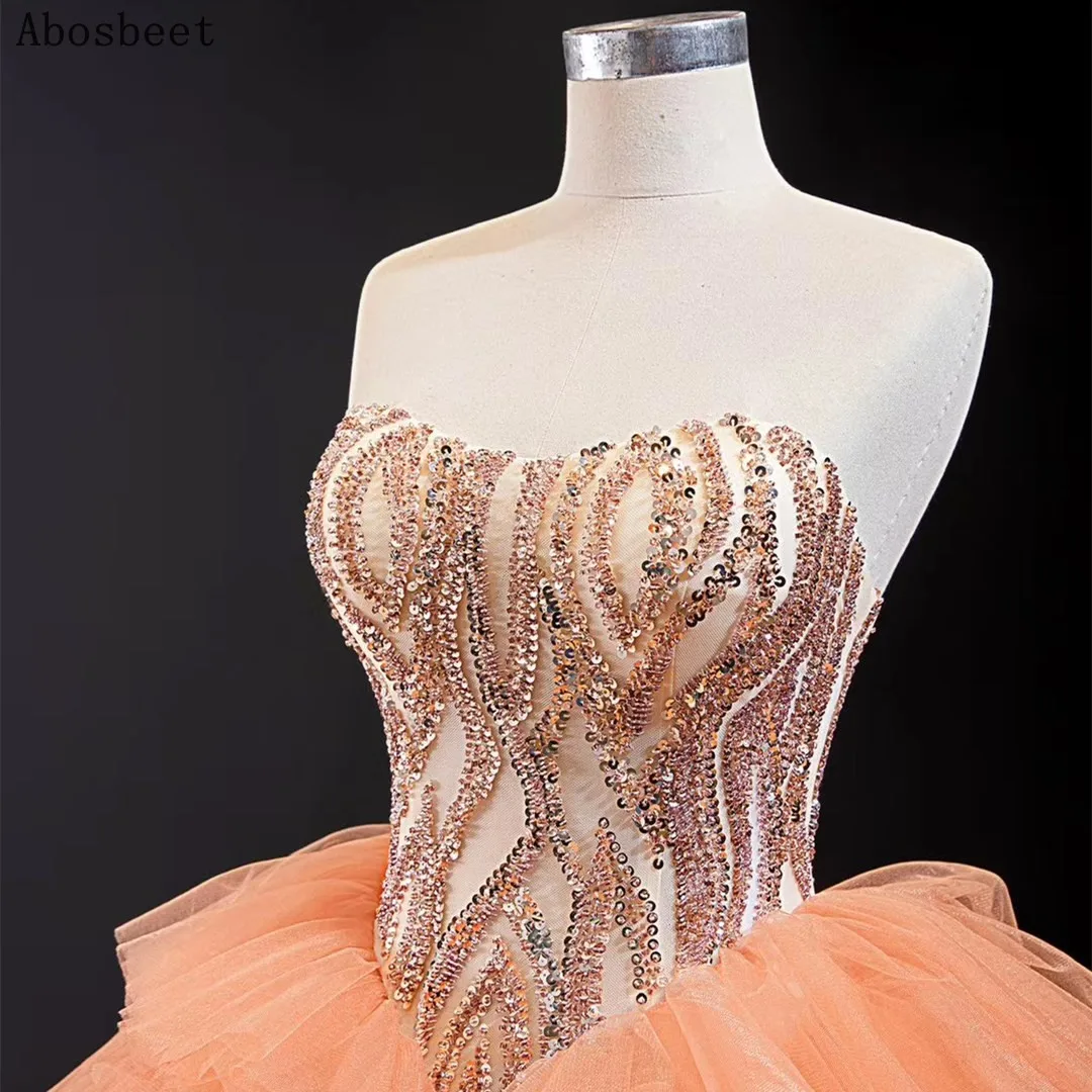 Shining Beading Ball Gown Evening Dress 2021 Puffy Gown Court Train Elegant Sweetheart Neck Orange Long Formal Evening Prom Gown