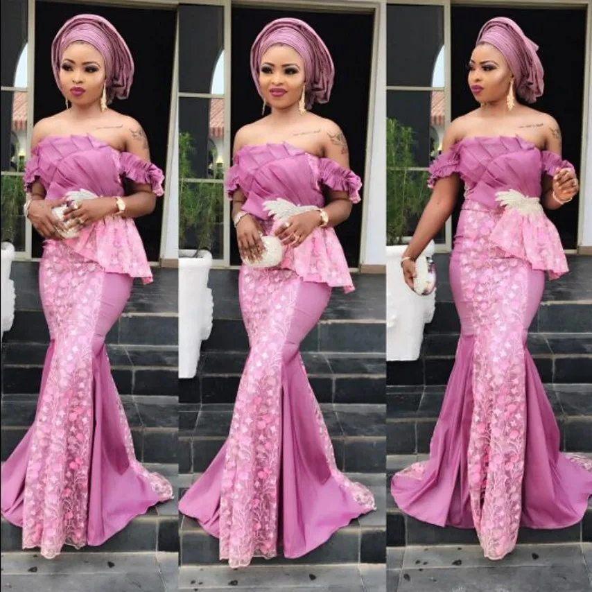 

vestidos formales robe de soiree Nigerian Off Shoulder Evening Dress Pink abendkleider Floral Evening Dresses Mermaid Long